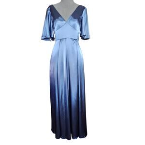 Blue Satin V Neck Maxi Dress with Pockets Size 4